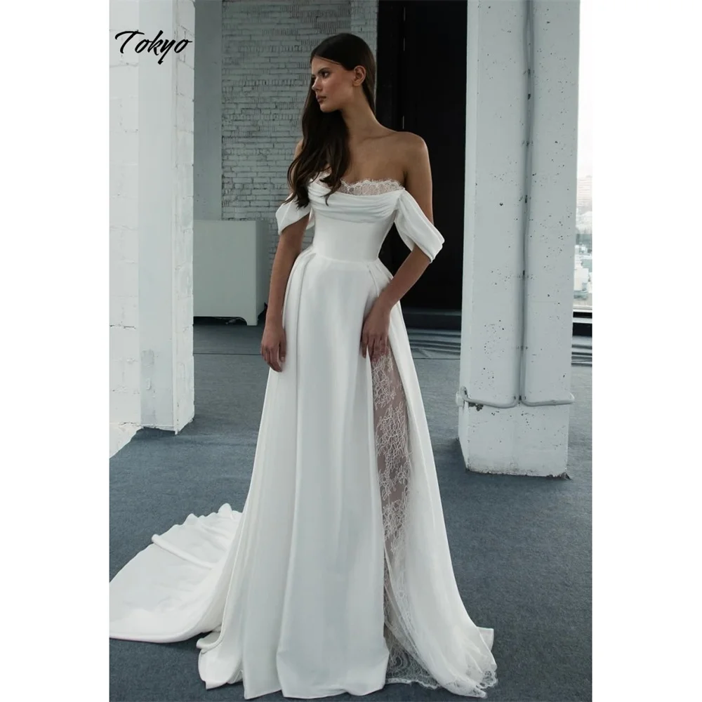 

Tokyo Customized White Off Shoulder Wedding Dresses Sleeveless Court Train Bridal Veil Back Zip Side High Split Wedding Gown