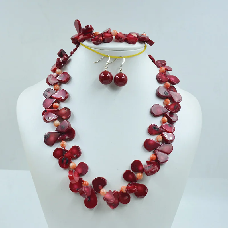 the last one! Natural Coral Pearl Necklace Bracelet Earring Set. Classic Women's Party Banquet Wedding Gift Jewelry