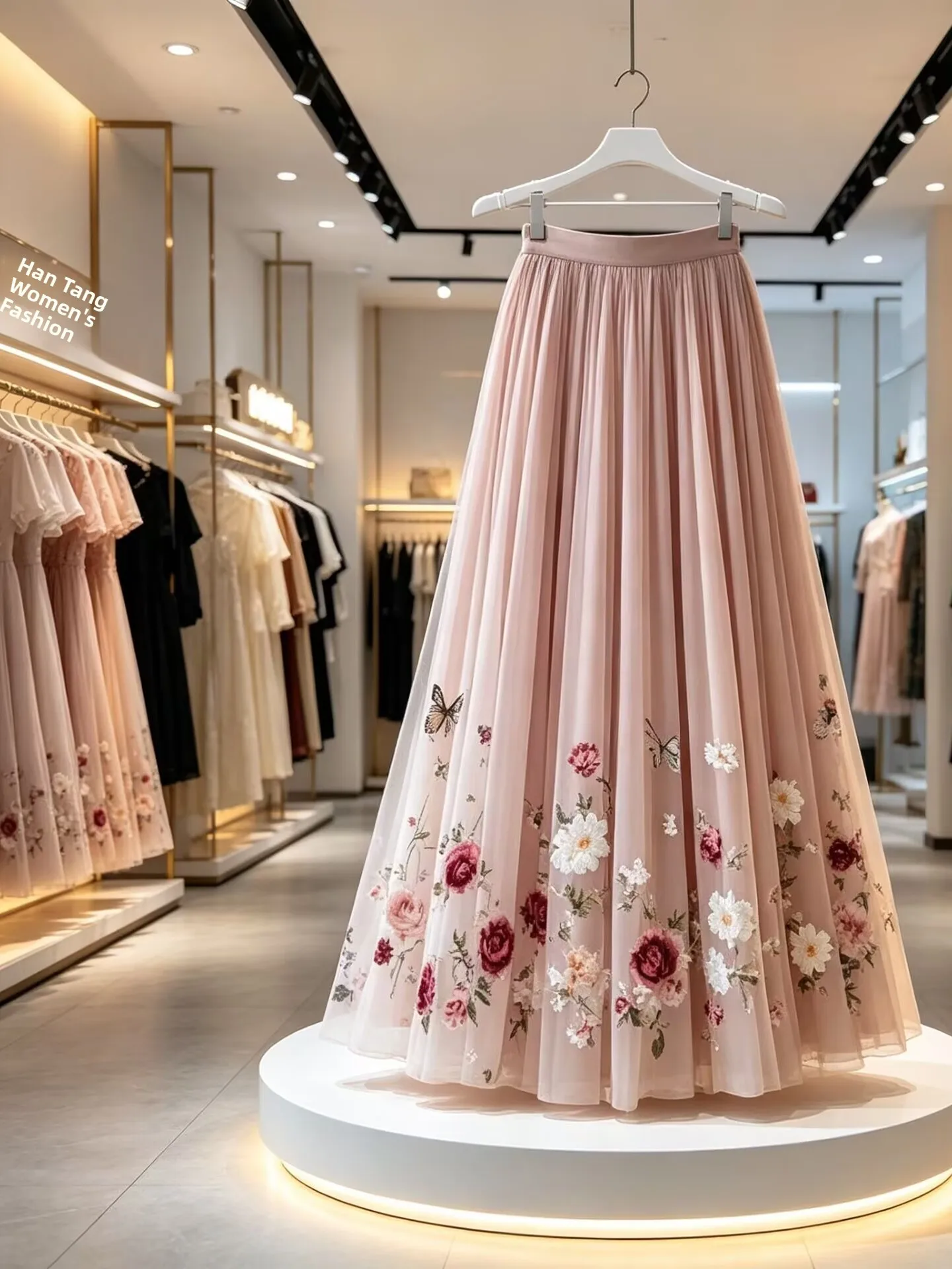 Sweet Rose Print A-Line  Skirt Elegant Summer New Style Fairy Tale Long Skirt High Waist Polyester Fiber Non-Elastic Skirt