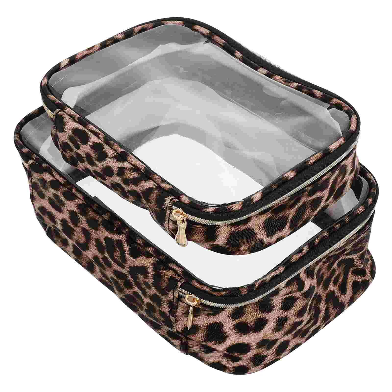 2 Pcs Wash Bag Clear Makeup Brushes Organizer Zipper Pouch Leopard Large Handbag Travel