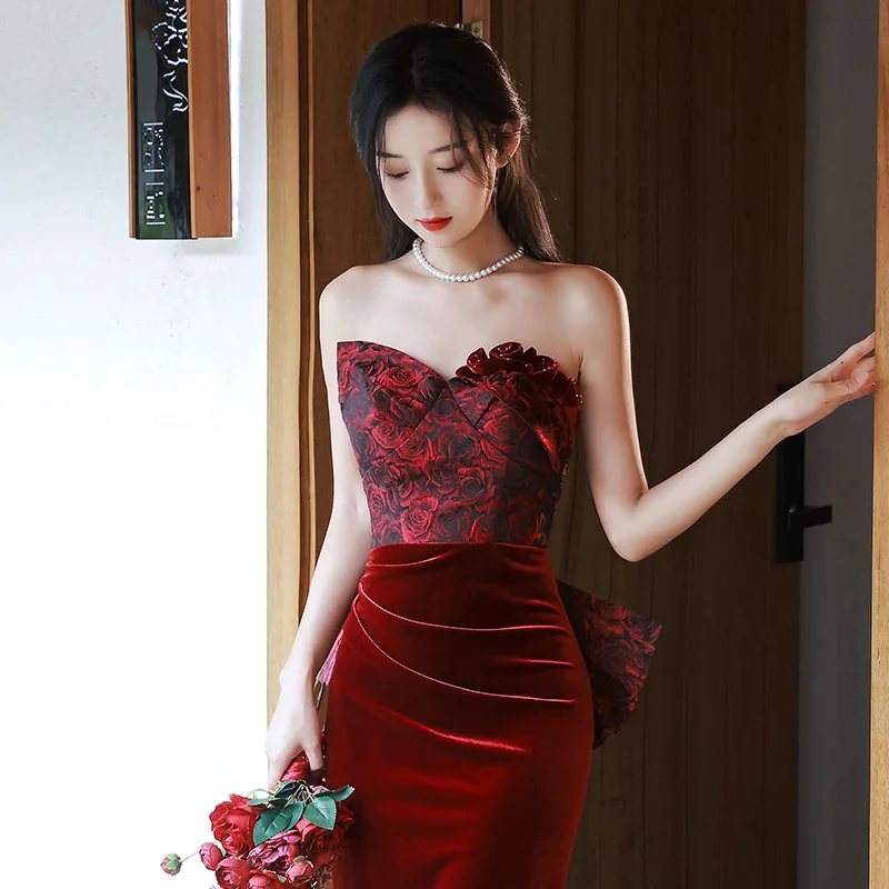 

Wine Red Formal Engagement Dress Women Sexy Strapless Split Evening Dresses Back Big Bow Lace Up Floor Length Toast Gown