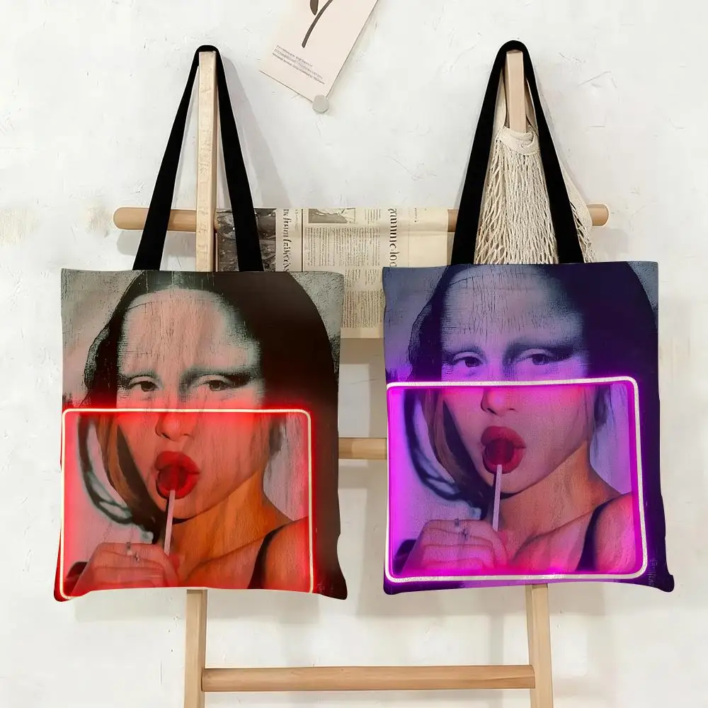 

Mona Lisa with Neon Storage Bags Canvas Tote Bag Large Capacity Double-Sided Print Reusable Shopping Bag Shoulder Bag