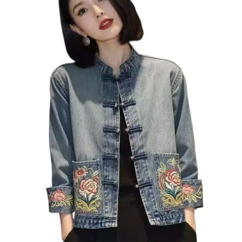 Temperament Commuting High-end New Chinese Women's Clothing National Style Embroidered Denim Jacket High-end Young Top Solid