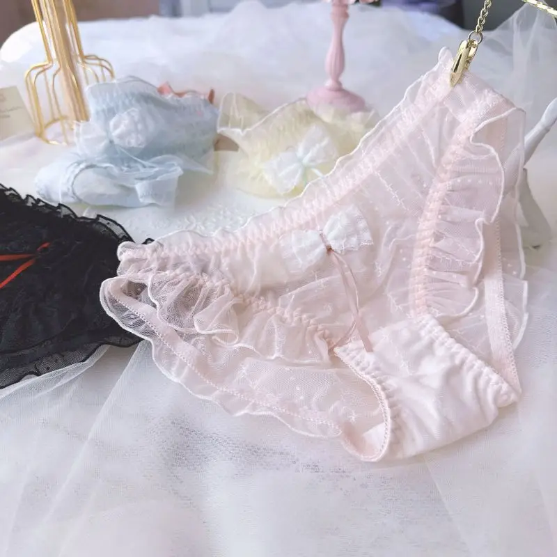 Sexy Mesh Transparent Ruffles Bow Cute Lovely Sweety Women\'s Underwear Princess Lolita Breathable Elasticity Panties Breifs