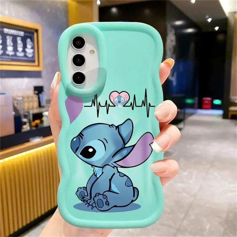 Disney Love Couple Angel Stitch Heartbeat Macaron Waves Phone Case for Samsung S24 S23 S22 S21 FE Ultra for Galaxy A50 A05 A04