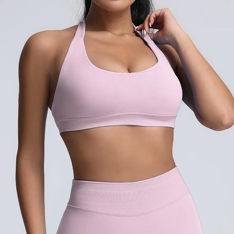 HISTELLO Nahtloser Neckholder-Sport-BH für Damen, offener Rücken, hoher Halt, gepolstertes Oberteil, für Pilates, Yoga, Fitness, Gym, Workout – Detail 13