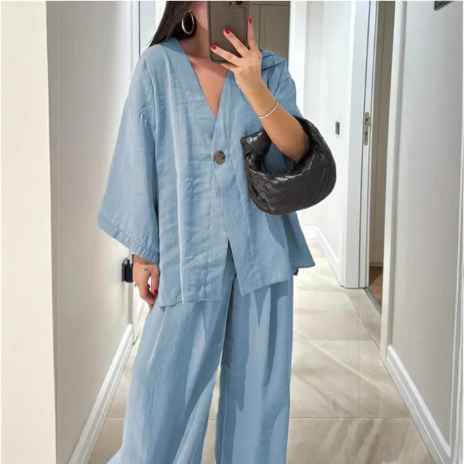 

Spring Summer Fashion Cotton Blend Blouse Two Piece Set Women Causal OL Loose Top Wide Leg Pants 2 Piece Sets Women Outfits