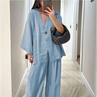Spring Summer Fashion Cotton Blend Blouse Two Piece Set Women Causal OL Loose Top Wide Leg Pants 2 Piece Sets Women Outfits