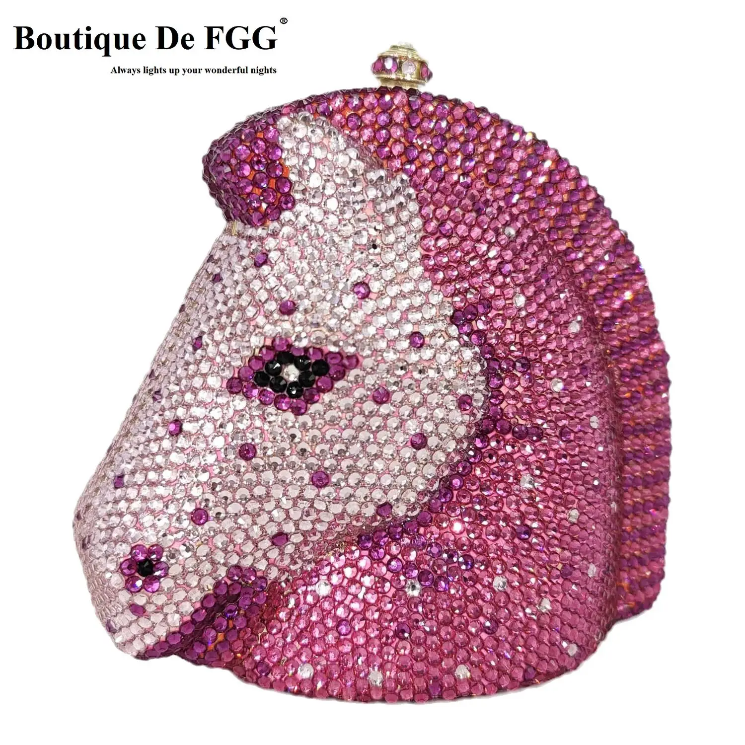 Boutique De FGG Fuchsia Horse Head Women Mini Crystal Evening Bag Bridal Wedding Rhinestone Handbags Party Minaudiere Clutch Bag