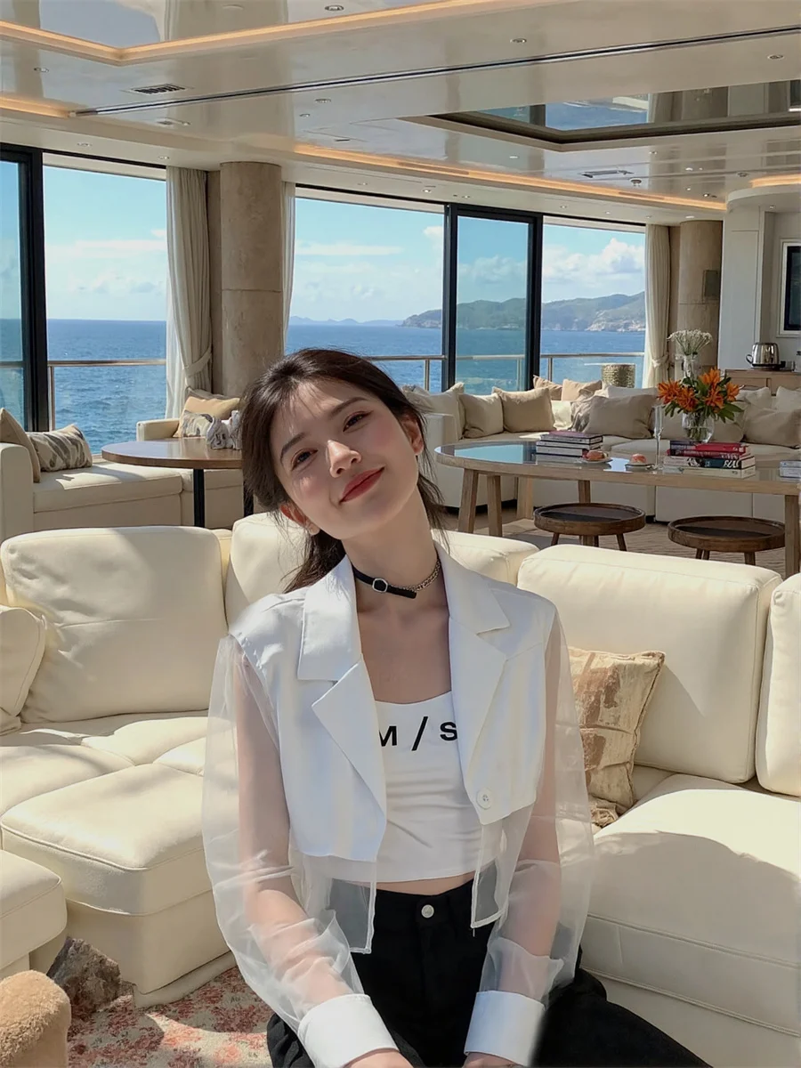 

Sun-proof Cropped See-through Back-Slit Blazers Elegant Woman Clothes For Women One-Button Retro Turn-Down Covered Cuff Oversize