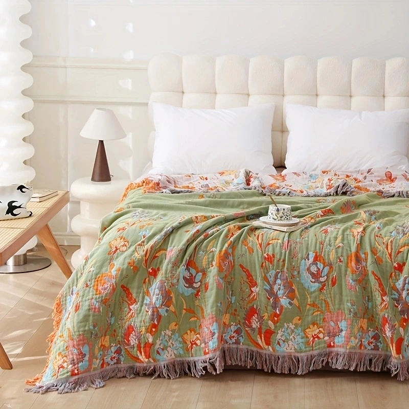 1Pc Double Sided Cotton Summer Blanket, Floral Large Air Conditioning Throw, Washable Nap Car Blanket