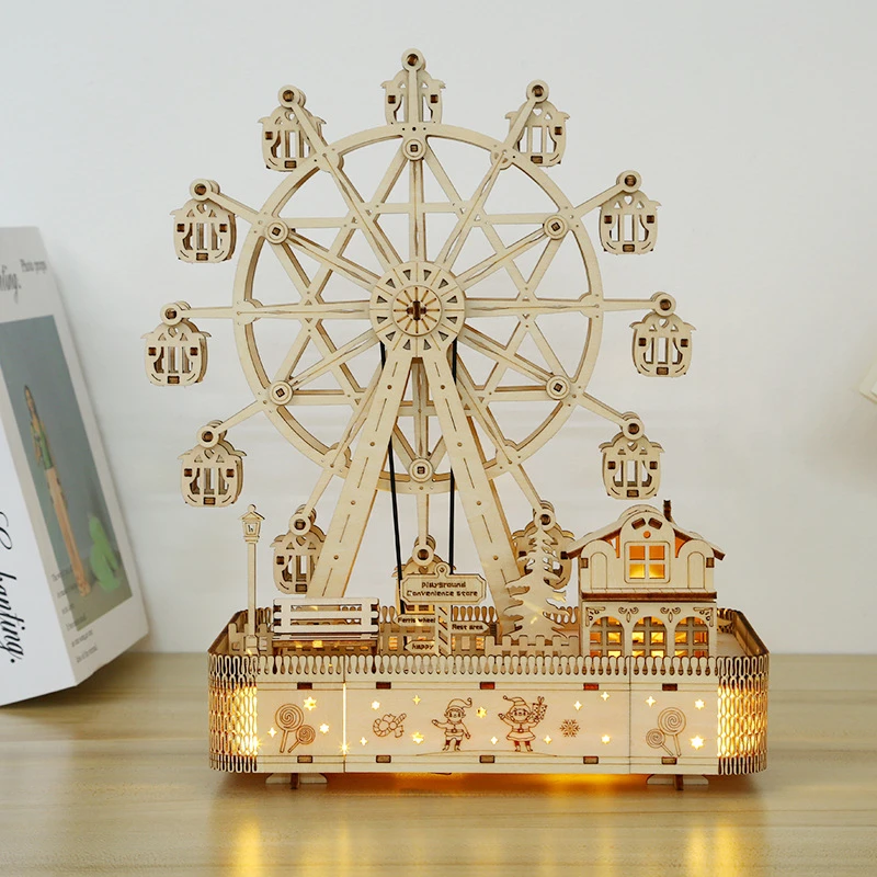 NEW Mechanical 3D Puzzle DIY Wooden Ferris Wheel with Music Light Model Building Kits Handmade Crafts Toys for Children Gifts