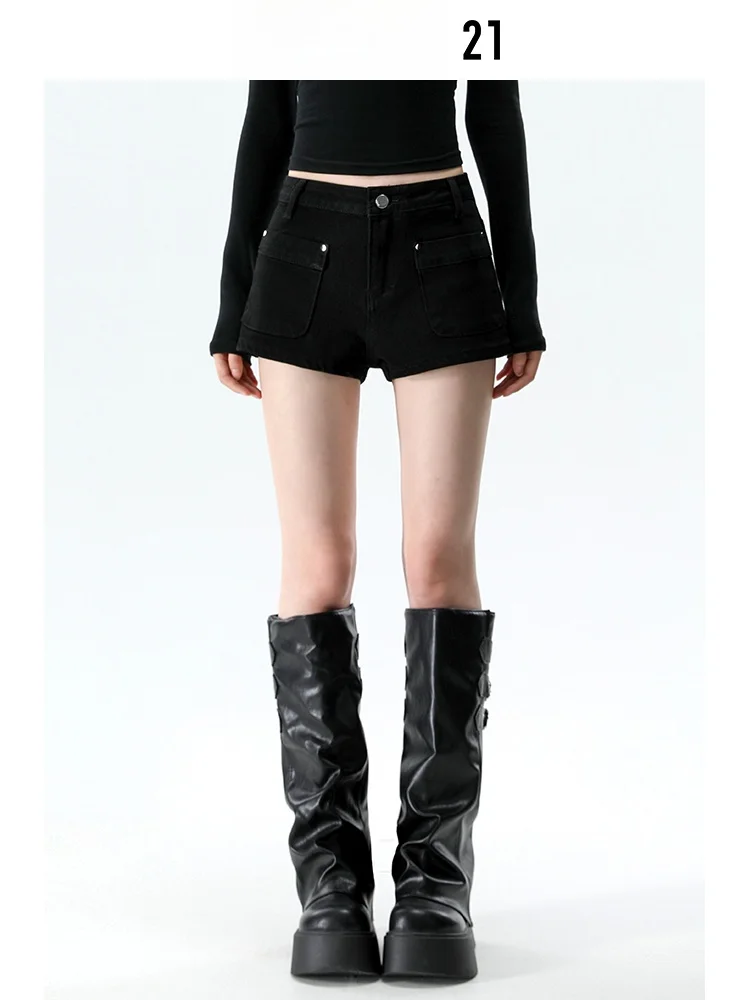 Shorts de Mezclilla Negros de Cintura Alta Forever 21 para Mujer, Shorts de Verano Estilo A-Line, Estilo Spicy Girl, Mezcla de Algodón, Ropa Casual