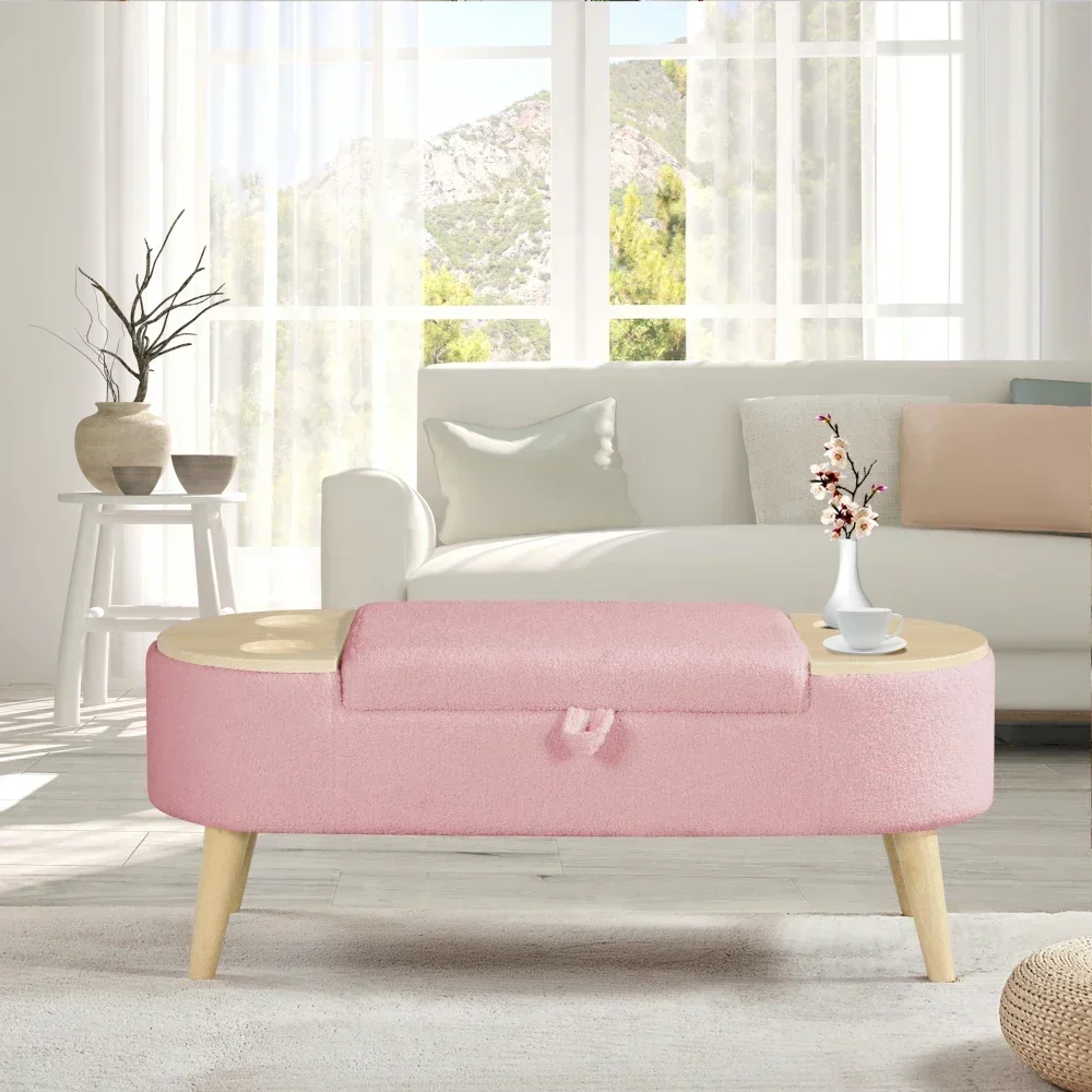 Ottoman Oval Storage Bench 3D Pile Fabric Bench with Large Storage Space for Living Room, Entryway and Bedroom inpink