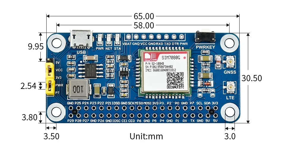 NB-IoT Cat-M(eMTC) GNSS HAT, Baseado em SIM7080G, Aplicável globalmente para Raspberry Pi, Arduino STM32