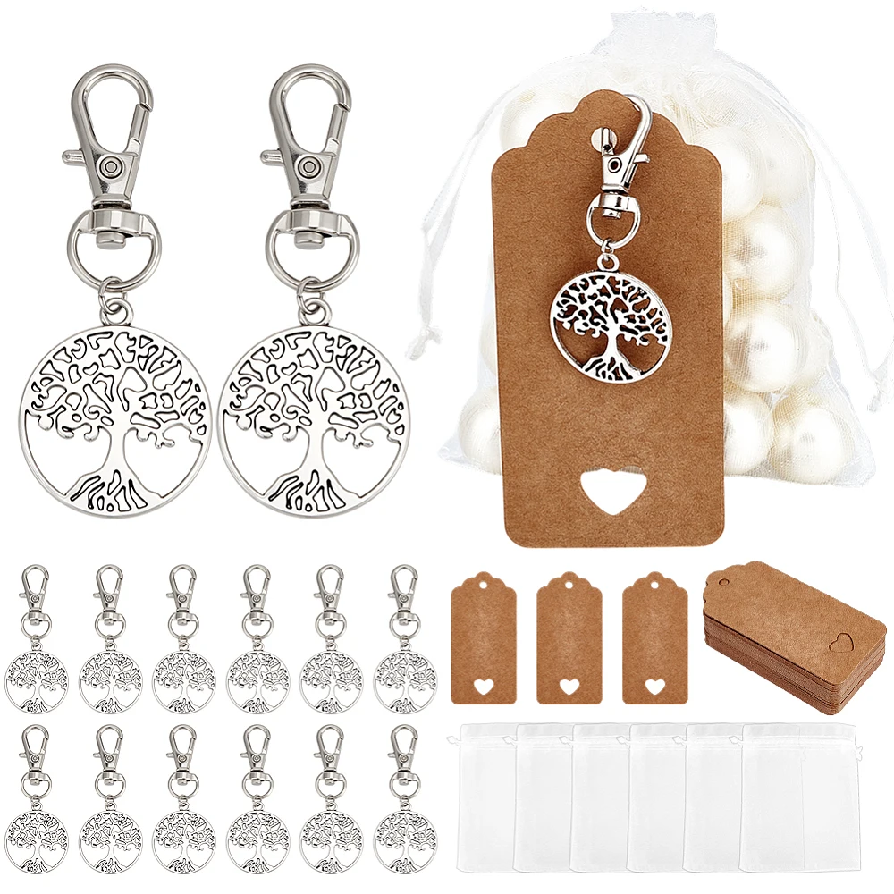 48 Sets Tree of Life Keychain Favors Party Favor Silver Tree Keyring with Organza Gift Bags Celebration of Life Favors Mesh Bag