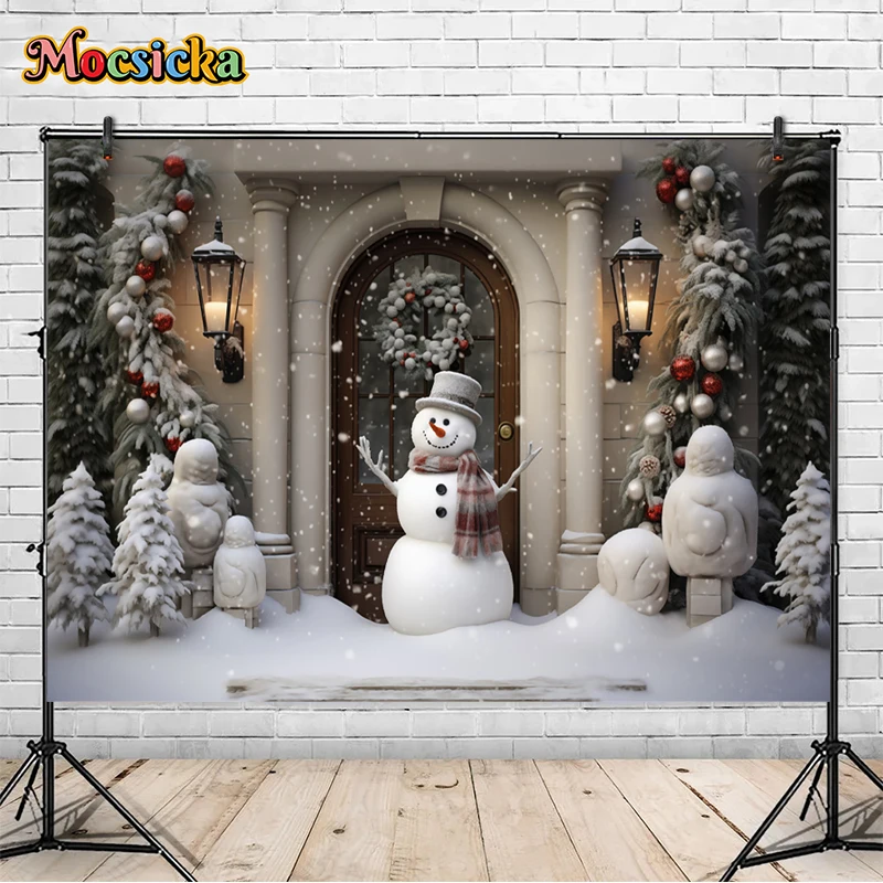 Mocsicka Winter Christmas Photography Background Cute Snowman Xmas Tree Holiday Party Family Portrait Photo Backdrops Studio