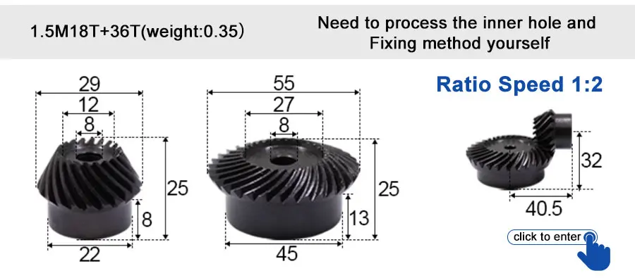 45 # Stahl-Spiralkegelradgetriebe, 2M, 15T bis 60T, Modul 1:4, 90 Grad Differentialgetriebe, gleicher Übersetzungsverhältnis, Durchmesser 8mm bis 12mm, Loch – Detail 28