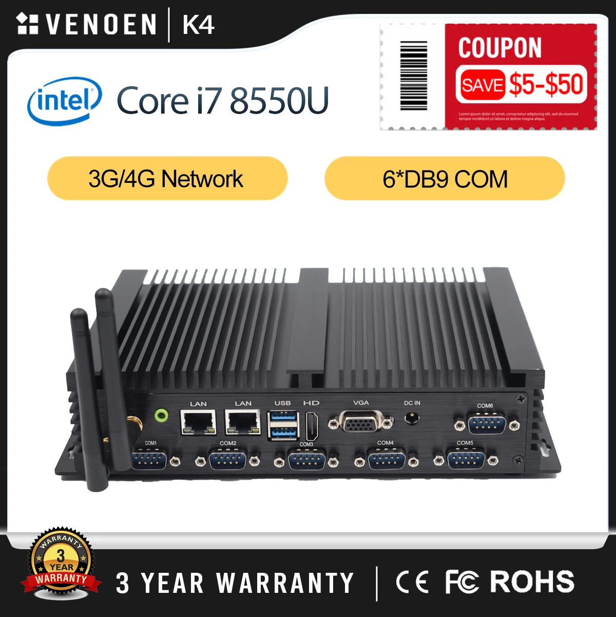 Безвентиляторный промышленный мини-ПК Core i7 8550U HDMI VGA RS232 RS485 COM i225-V 2.5G EthernetНастольный тонкий компьютер с Windows 10 Pro VESA