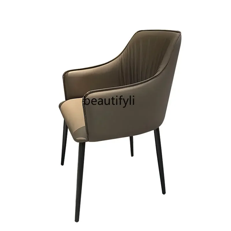 Modern Simple Home Dining Chair with Backrest Leather Steel Chair with Armrest Designer Sample Room Reception Chair