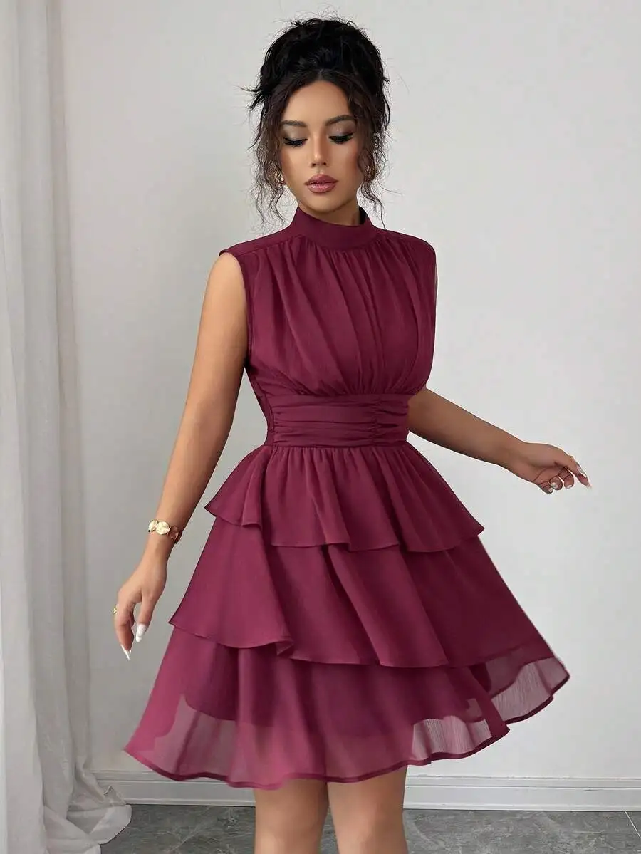 

Women's Sleeveless High-Neck Tiered Ruffle Chiffon Dress in Burgundy