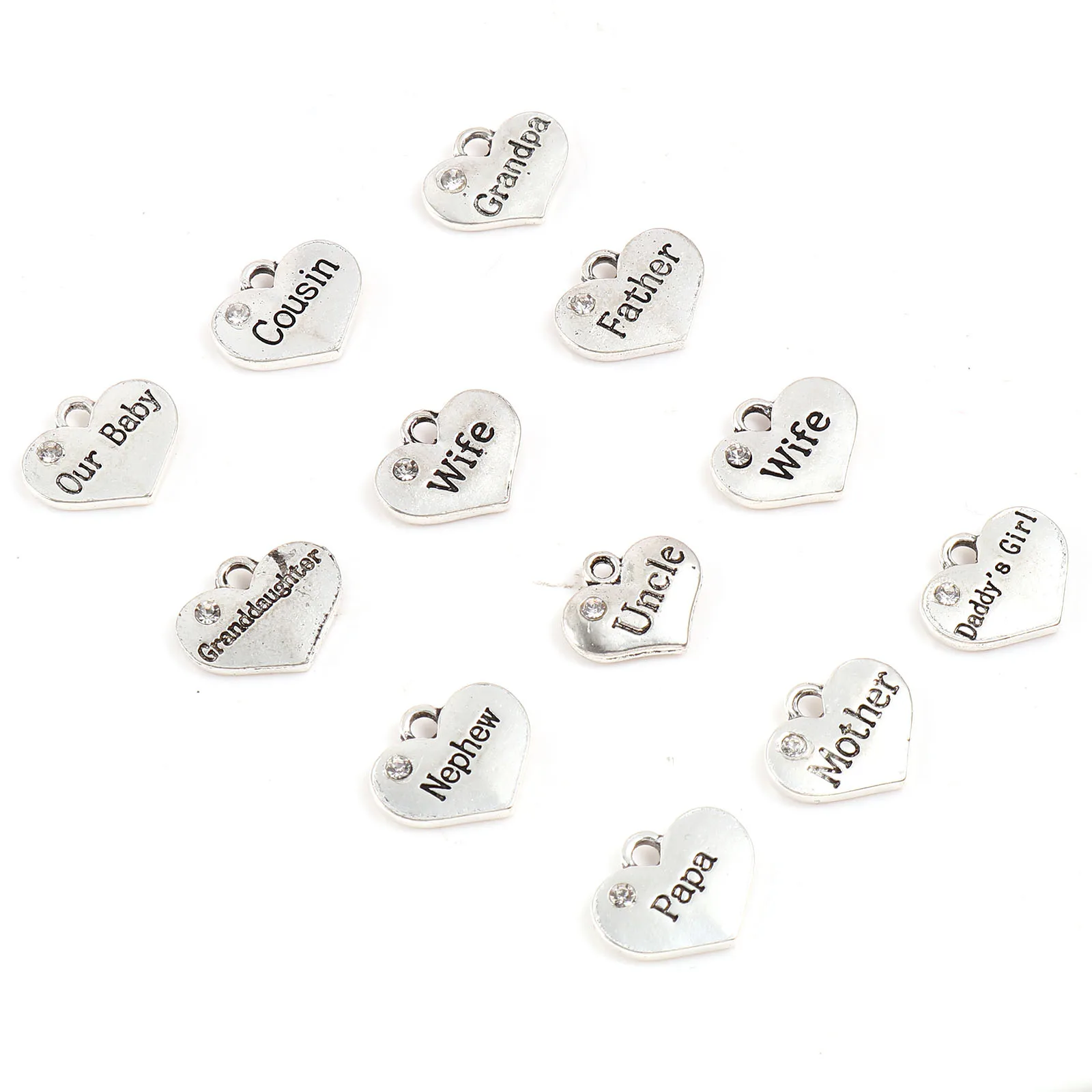 10 PCs Zinc Based Alloy Family Jewelry Charms Heart Antique Silver Color Clear Rhinestone Mother Wife Papa Pendant for Making