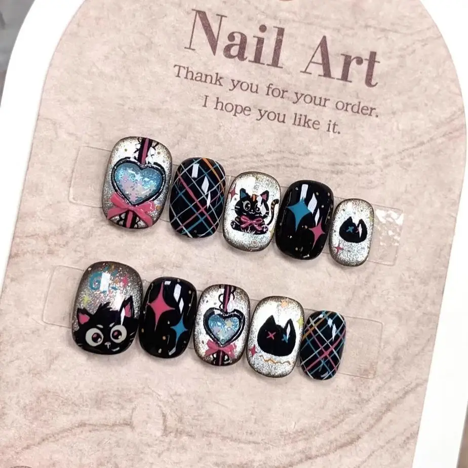 30 pzas Uñas postizas con efecto ojo de gato en negro y rosa, diseño de caritas, cortas cuadradas, cobertura completa para mujeres y niñas 2