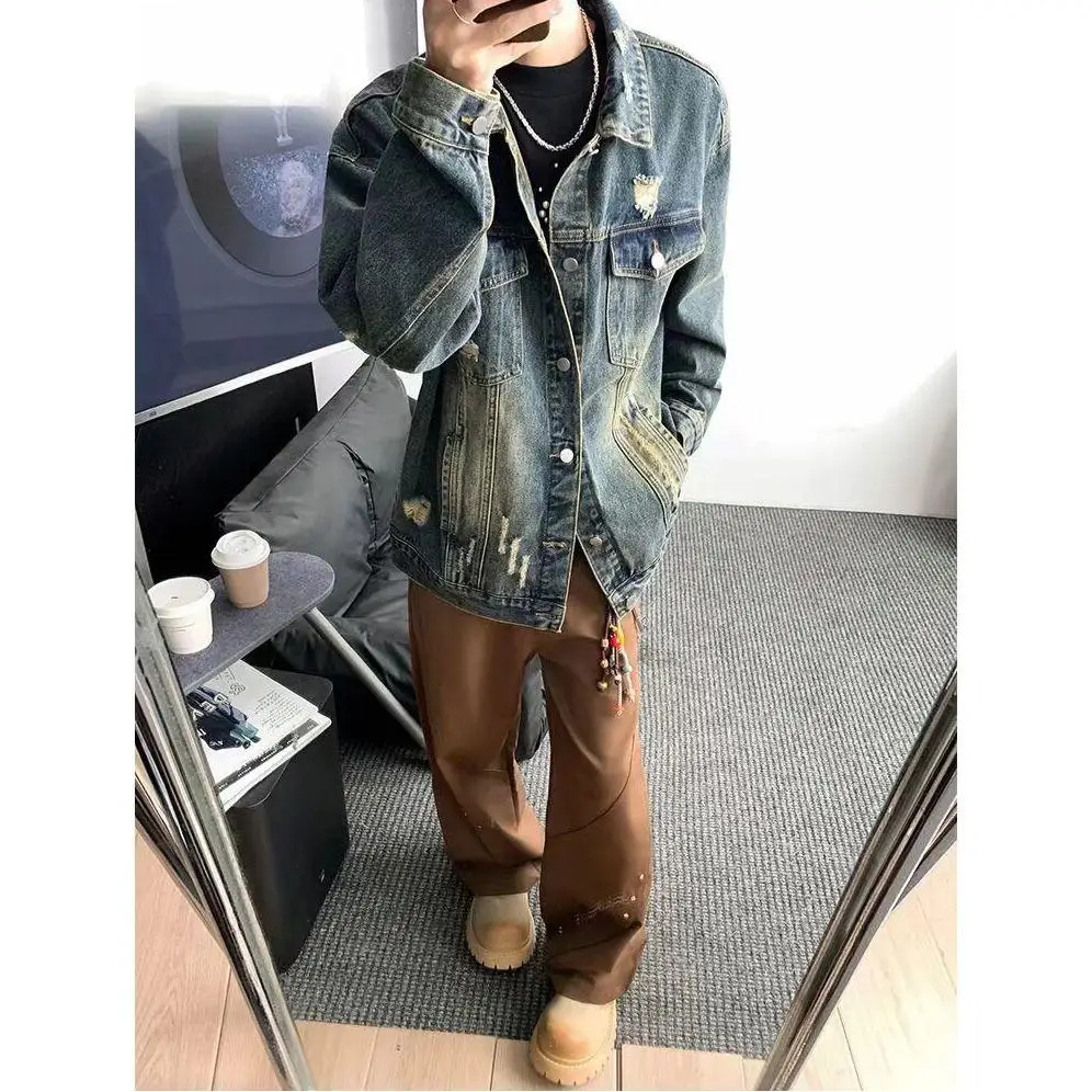 جاكيت دينيم أمريكي الطراز ممزق ثقيل الوزن للجنسين، مناسب للربيع والخريف، بتصميم عصري أنيق، ياقة رائعة، مناسب للأزواج، قصة فضف...