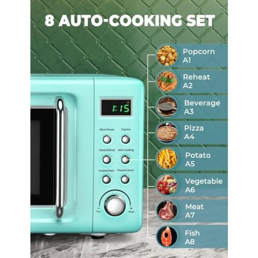 Countertop Retro Microwave Oven 0.7 Cu Ft Small Microwave with Defrost 5 Micro Power 8 Auto-cooking Set Child Lock Compact Micr