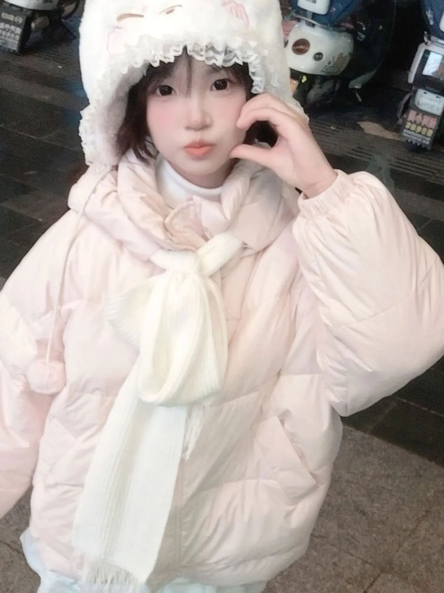 Removable Scarf Pink Cotton Jacket Women Winter Warmth Bread Style Coat Casual Straight Tube Long Sleeve Thickened Fillment