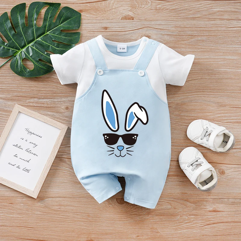 

For newborn babies in summer, this cute fake two-piece short-sleeved round-neck one-piece jumpsuit with rabbit patterns is soft