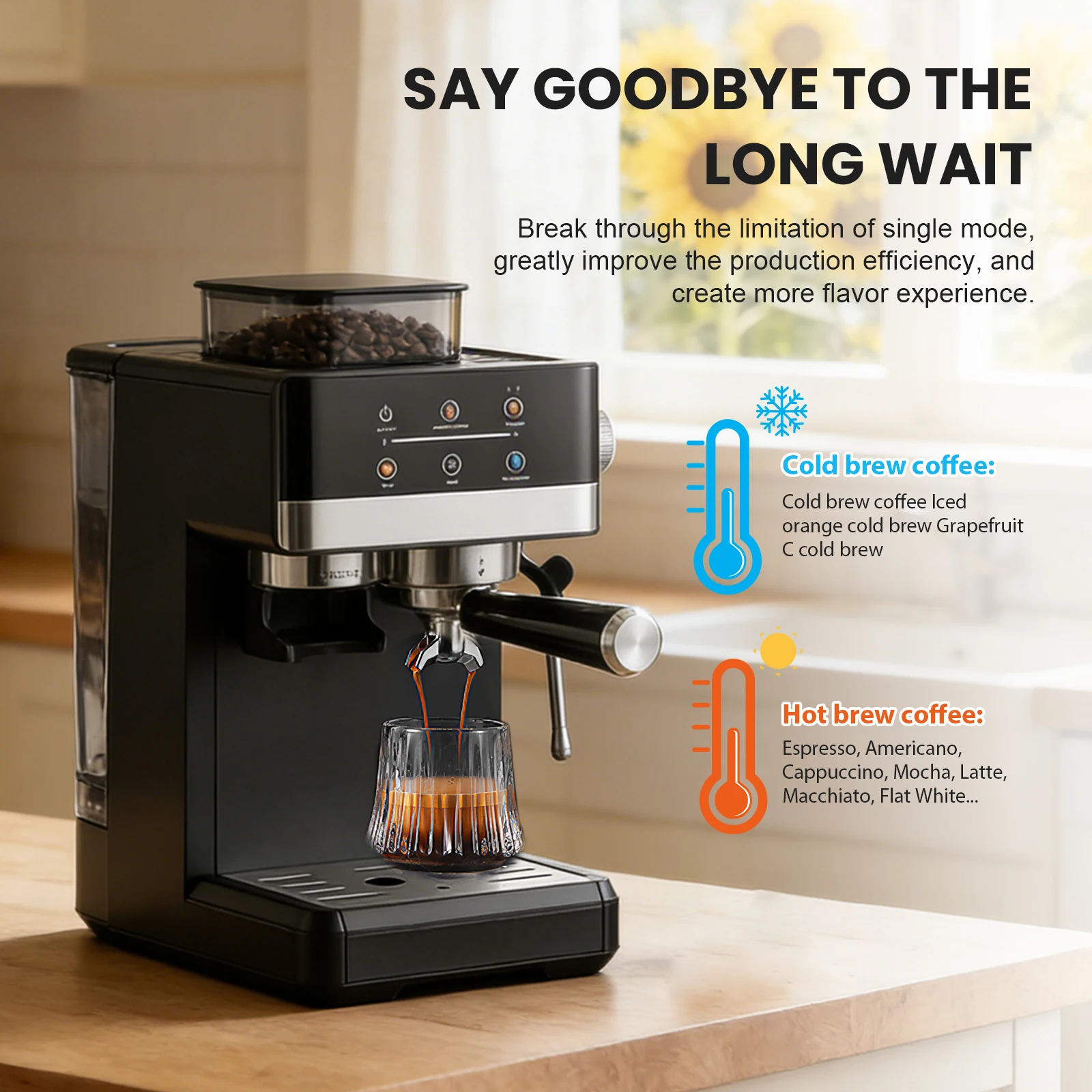 Slimme espressomachine met geïntegreerde bonenmaler, groot touchscreen, pre-infusion systeem, 360° ° Draaibare stoompijp en koude-brouwfunctie