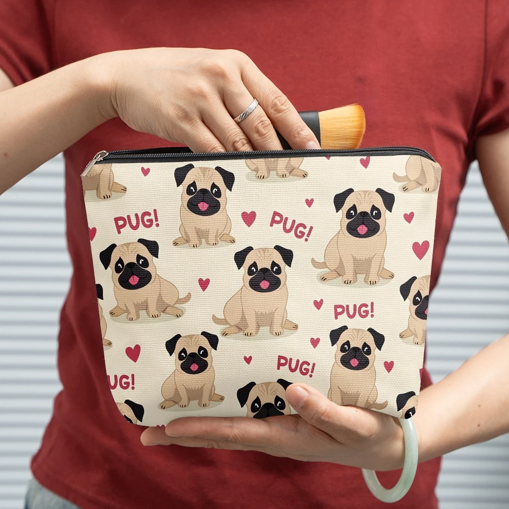 Cute Pug Dog Red Heart Print Cosmetic Bag Zipper Makeup Pouch Portable Travel Storage Bag Pug Lover Gift for Women