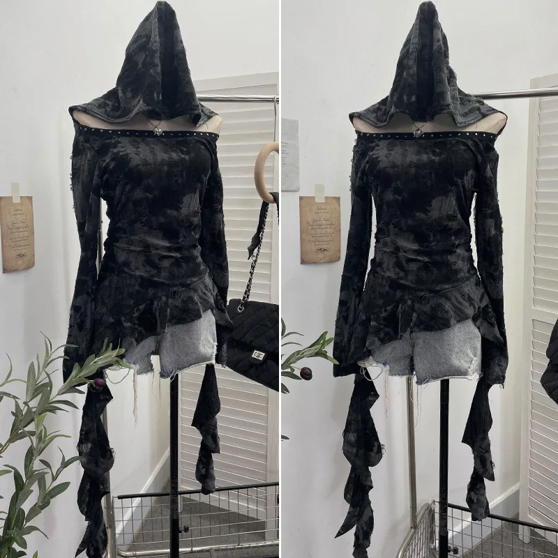 High Quality Hot Selling Wholesale Autumn New Niche Spicy Girl Hooded Ripped Long Sleeved Sexy Irregular Ribbon Top Women Y2k