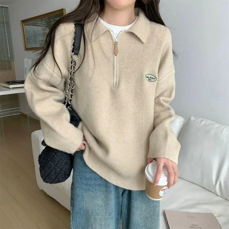 Sweaters Half Zipper POLO Neck Women Girls Vintage Preppy Sweatshirt Jumper Gray Khaki Loose Long Sleeve Pullover Korean Fashion