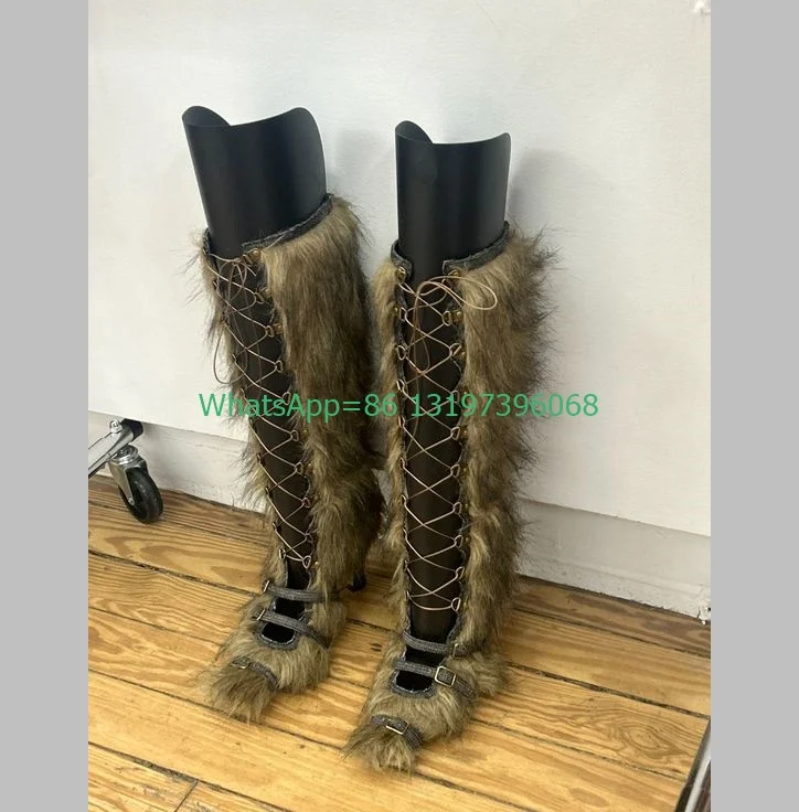 Lady Vintage Fur Hollow Buckle Strap Knee Boots Footwear Size Low Heel Punk Style New Arrive Runway Winner Warm Runway Boots 46