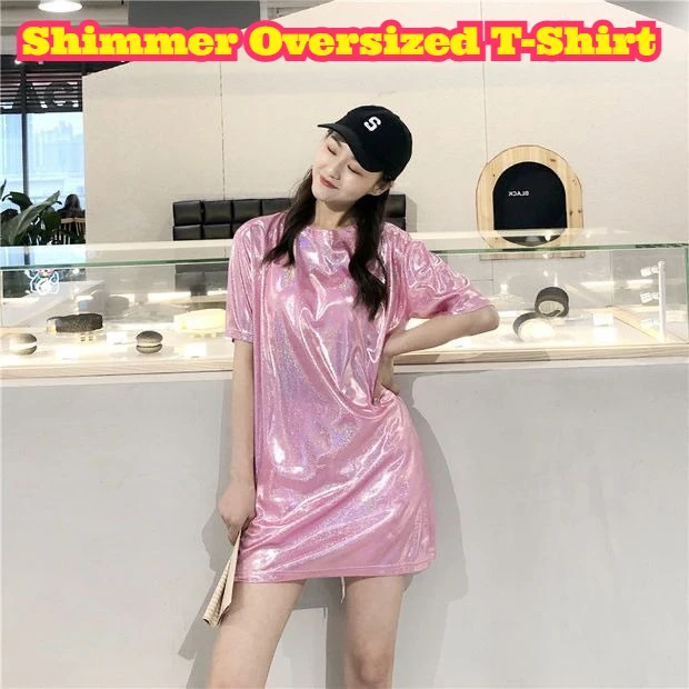 Shimmer Korean Style Oversized T-Shirt Women Thin Breathable Metallic Fabric Short Sleeve Casual Top Plus Size Fashion Layering
