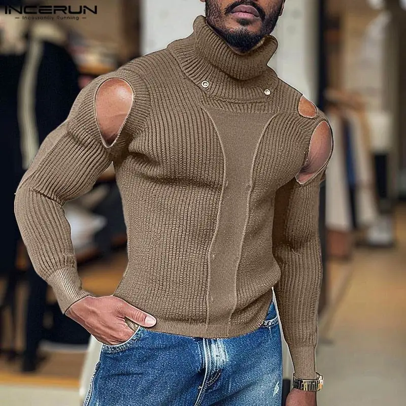 

INCERUN Men Sweaters Solid Color Knitted Hollow Out Turtleneck Long Sleeve Pullovers Streetwear 2024 Fashion Casual Men Clothing