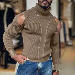 INCERUN Men Sweaters Solid Color Knitted Hollow Out Turtleneck Long Sleeve Pullovers Streetwear 2024 Fashion Casual Men Clothing