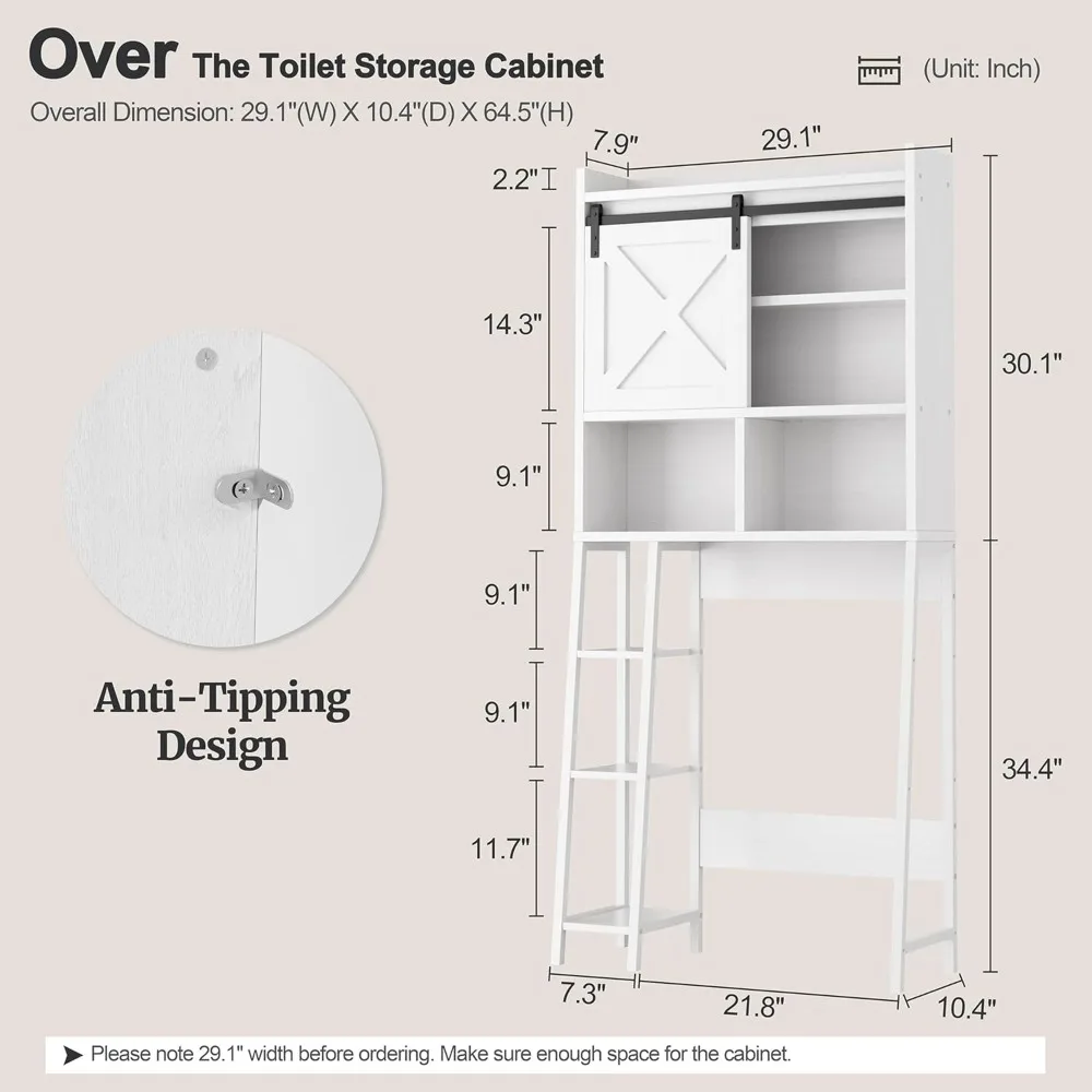 Farmhouse Storage Cabinet Over Toilet with Sliding Barn Doors, Bathroom Storage Organizer Cabinet Shelf Space Saving Toilet Rack