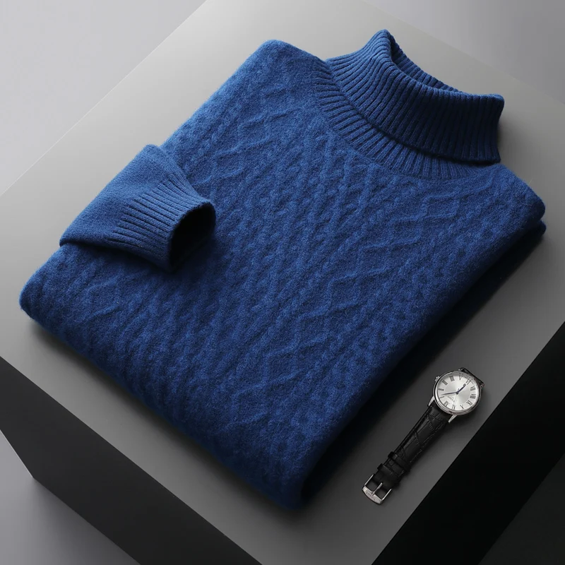 100% Merino wool winter men\'s high-necked double-stranded thick jacquard pullover sweater knitted bottoming shirt