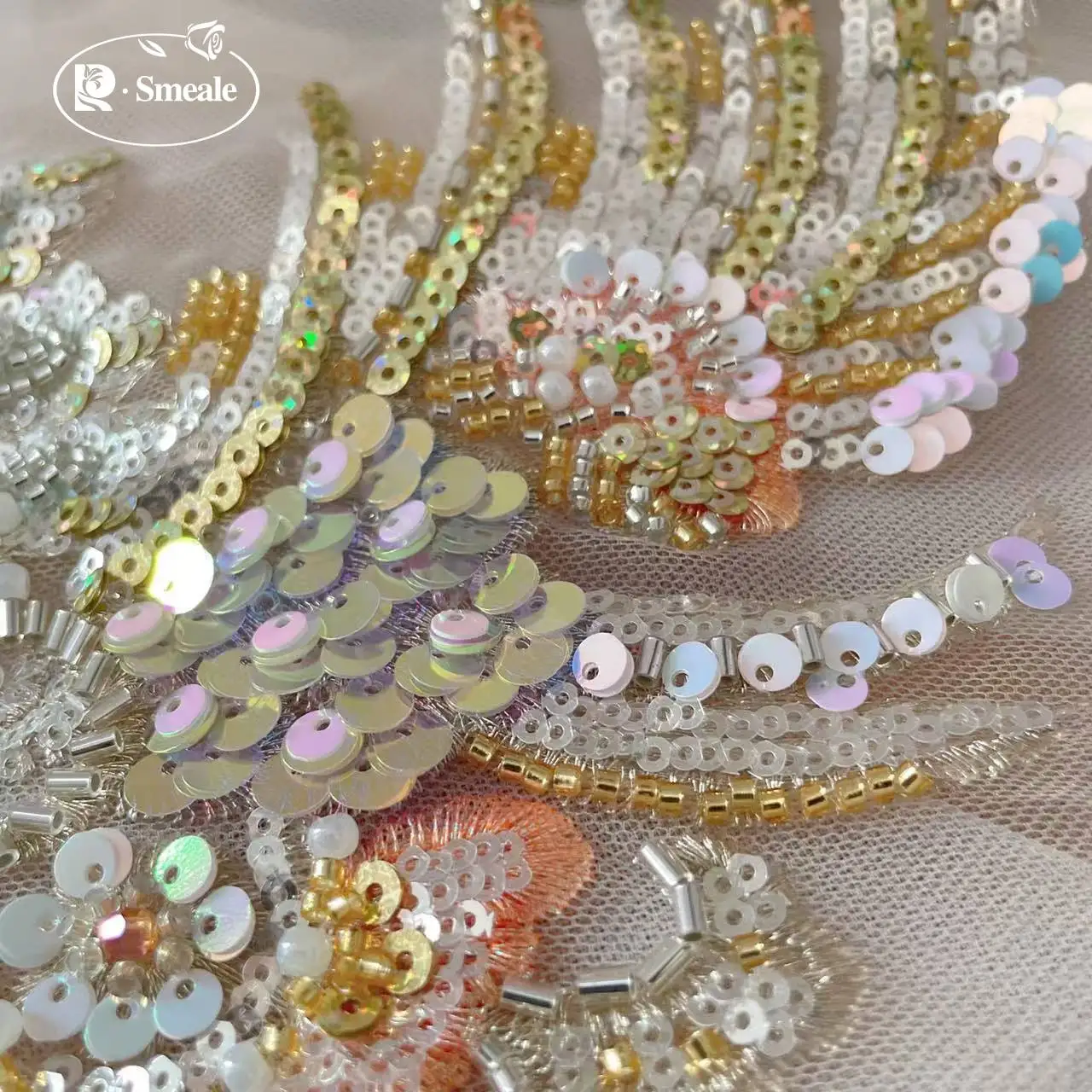 Pailletten-Perlen-Stickerei-Spitzenkopfbedeckung, Kostüm-Hanfu-Gürtel, Champagnergold-Fischschuppen, Bühnenkostüm, RS24609 – Detail 5
