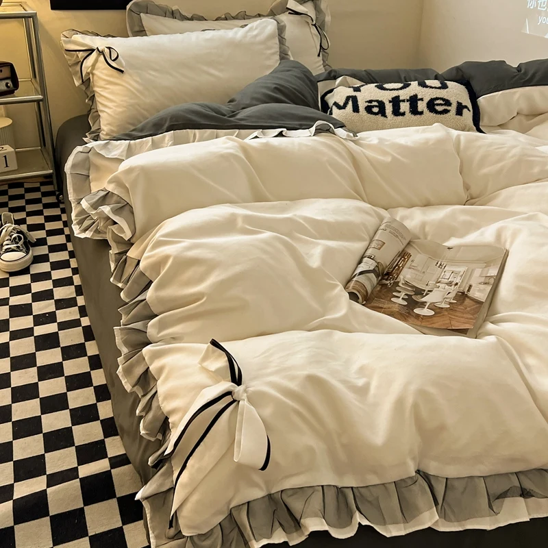Juego de sábanas con lazo y encaje, ropa de cama agradable al tacto, juego de sábanas individual/doble/queen/king size.
