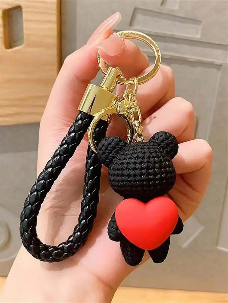 

Black Crochet Bear Keychain With Red Heart Charm For Bag Car Backpack Adult Accessory