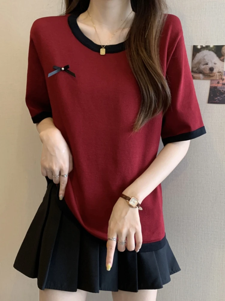 Red Ice Silk Knitted Short Sleeve T-Shirt Women's Summer Large Size Base Shirt Beautiful Top for plus Size Women Belly Covering