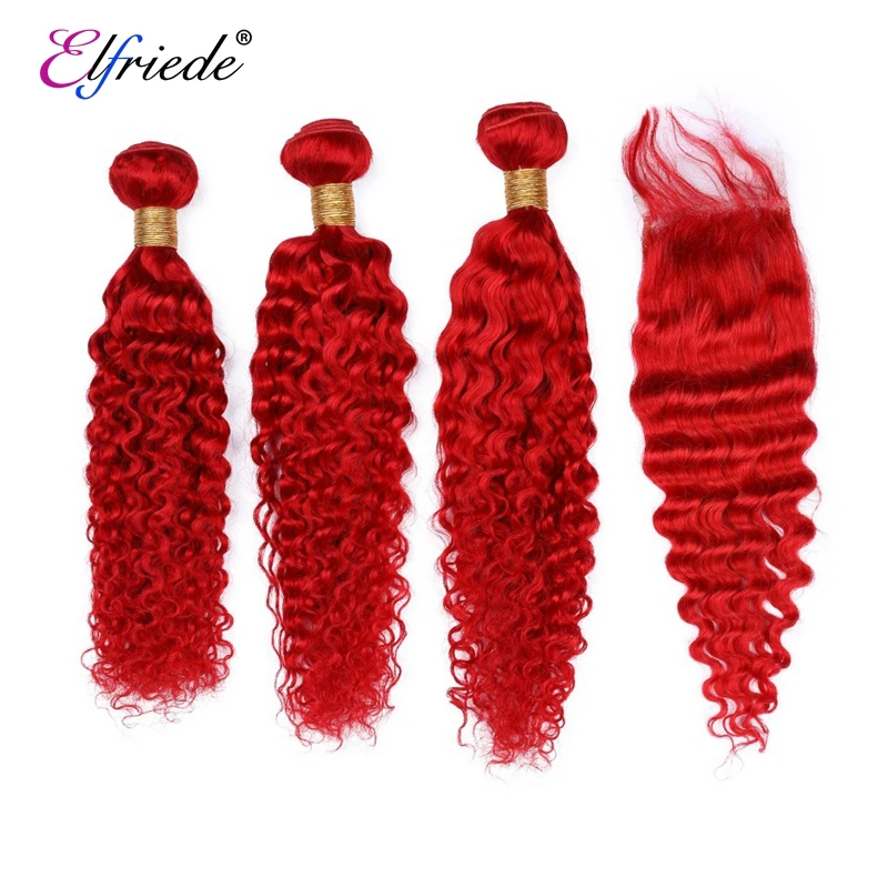 Elfriede #Red Deep Wave Hair Bundles with Closure 100% Remy Human Hair Sew In Wefts 3 Bundles with 4X4 Transparent Lace Closure