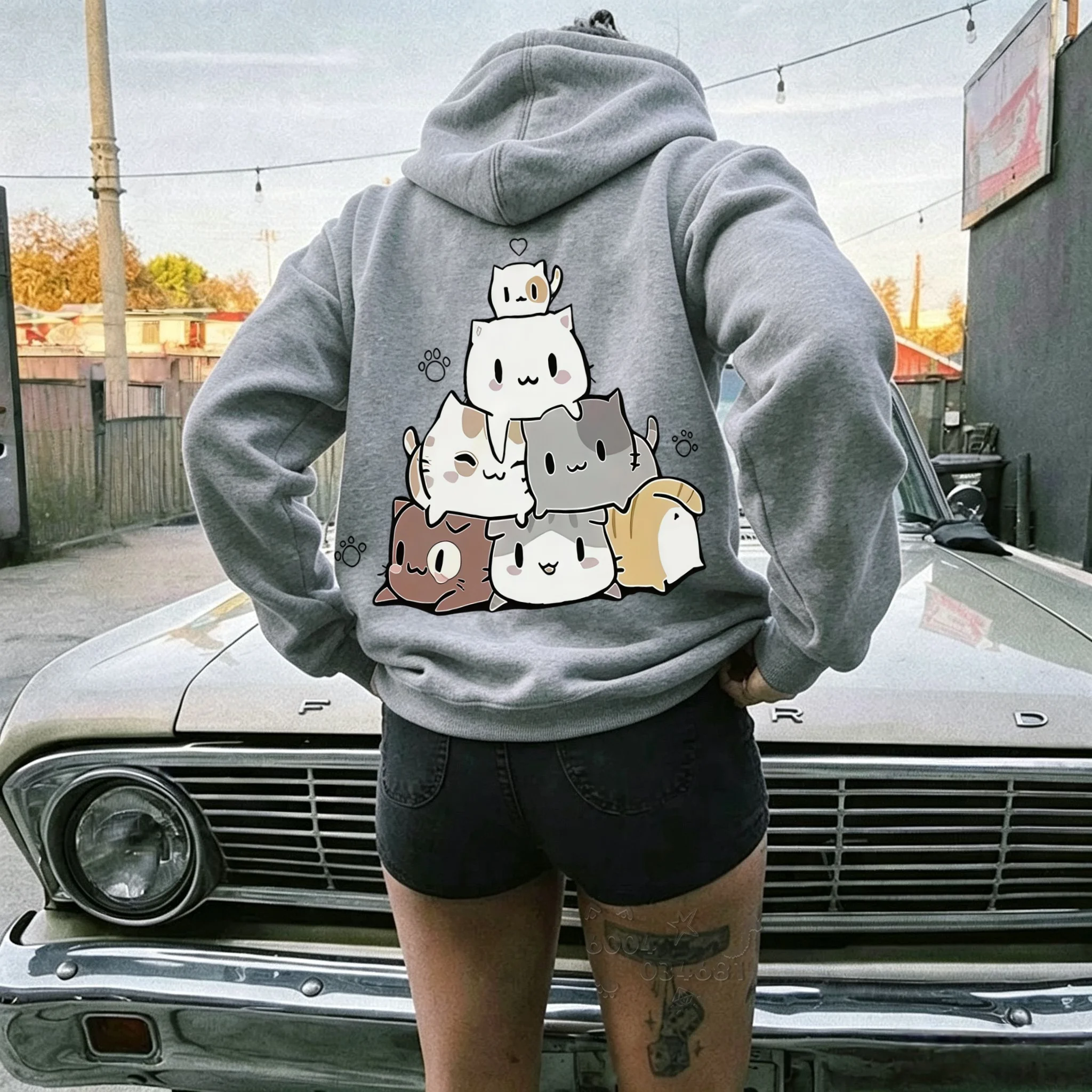 Moletom com Capuz Masculino Primavera-Verão-Inverno com Estampa de Gato Fofo de Desenho Animado, Camiseta com Capuz e Bolso Canguru, Solta e Confortáv