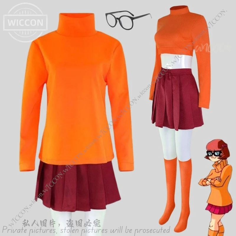 Velma Seragam Anime Cosplay Orange Short Skirt Uniform Halloween Costume Wig Party Carnival Set Role Play Daily Outfit Club