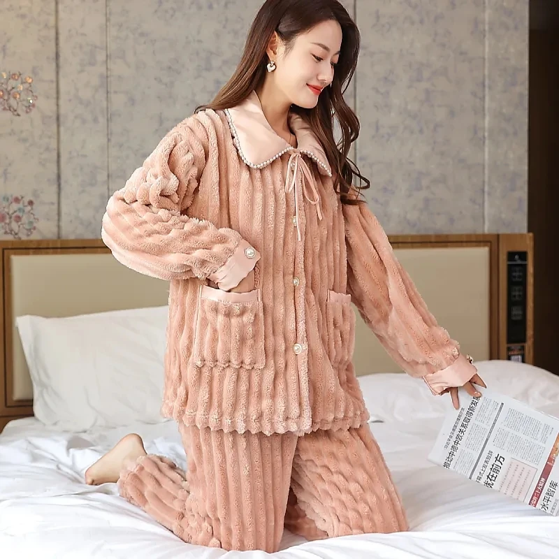 Winter Coral Women Pajamas Set Warm Sleepwear Winter Home Wear Pyjamas Sweet Flannel Thicken Sweet Girls Pyjamas