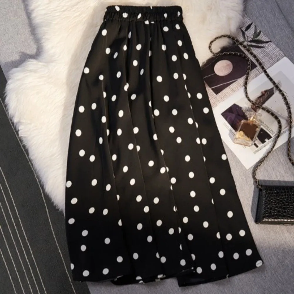 Temperament Elastic Waist Polka Dot Skirt Splicing Design Slim Fit A-Line Skirt Summer Pleated Half-length Dress Work to Weekend